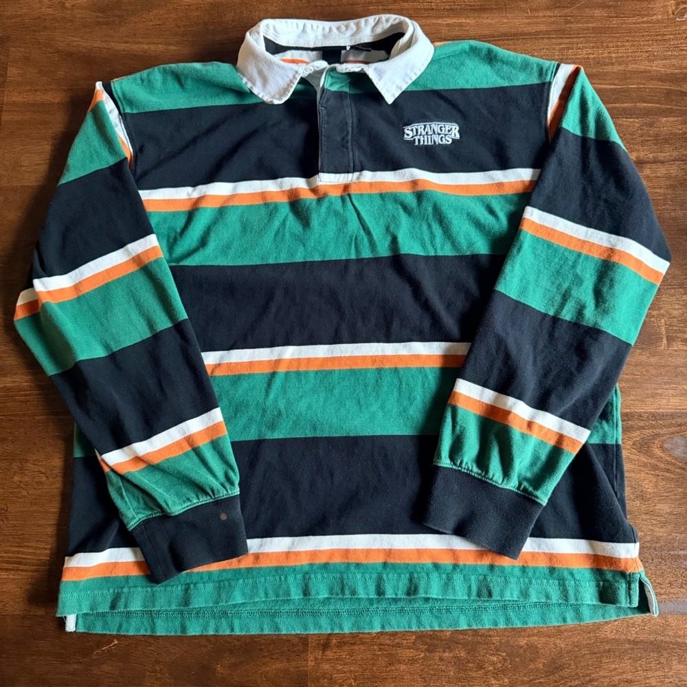 H&M Stranger Things Relaxed Fit Rugby Shirt Mens Large Green Black Striped Polo